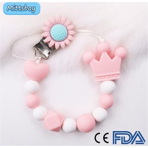 Hot Silicone Crown Beads Pacifier Clip Chains Infant Toddler Crochet Beads Silicone Heart Pacifier Chain Holder Baby Shower Toys
