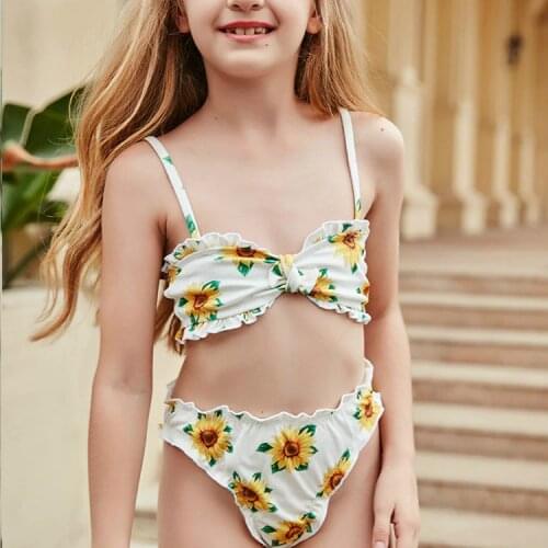 Kids Two Pieces Swimsuits Children Baby Girl Flower Print Bikinis Set Knot Top+Swimming Trunks Summer Boho Girl Bathing Suit