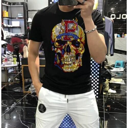 Summer new Rhinestones T Shirt Men Streetwear Fashion Slim good quality Cotton O Neck Short Sleeve Tshirt Plus Size 5XL