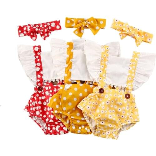 Newborn Infant Baby Girls Boys Jumpsuits Headband 2pcs Sunflowers/Polka Dot Print Ruffles Short Sleeve Bodysuits
