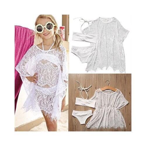 3PCS Set Girls Kids Summer Lace Beachwear Bathing Suit Bikini Set +Cover up Swimsuit Swimwear Beach Dress Girls Clothes