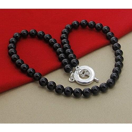 New Trendy 925 Sterling Silver Round Black Pearl Necklaces Women Men Jewelry Wedding Party Gift