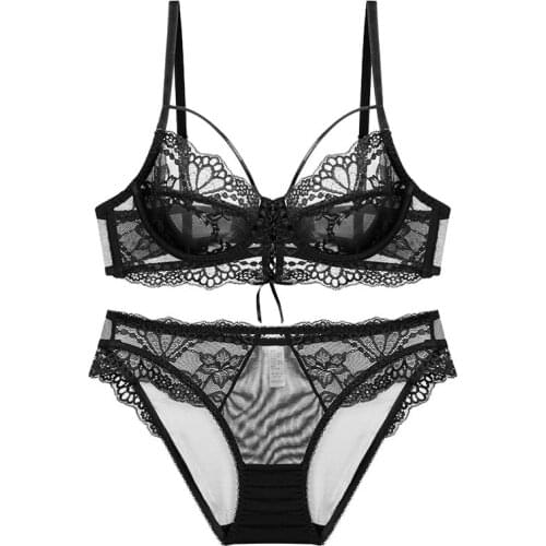 2021 New Sexy Plus Size Lace Ultra Thin Bandage Bra and Briefs Set Underwear with Stones Women Unlined Lingerie A B C D E Cup