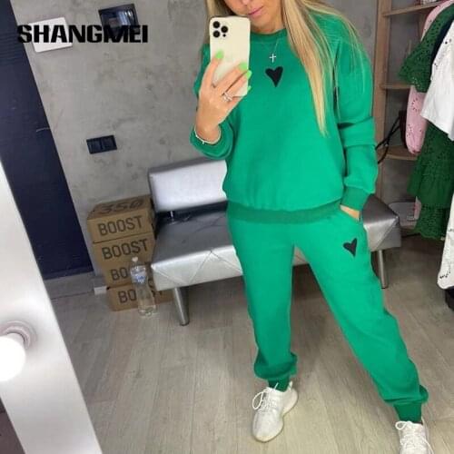 New Fleece Womens Heart Print Hoodies Two Piece Set Autumn O-neck Long Sleeve Tops Trousers Basic Set Female Casual Sport Suit