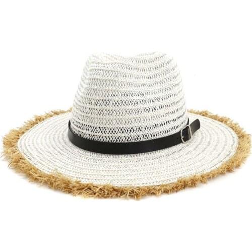 Fashion Unisex Men Women Travel Jazz Caps Wide Furry Brim Summer Beach Cowboy Sun Fedora Panama Paper Straw Hat with Belt Buckle