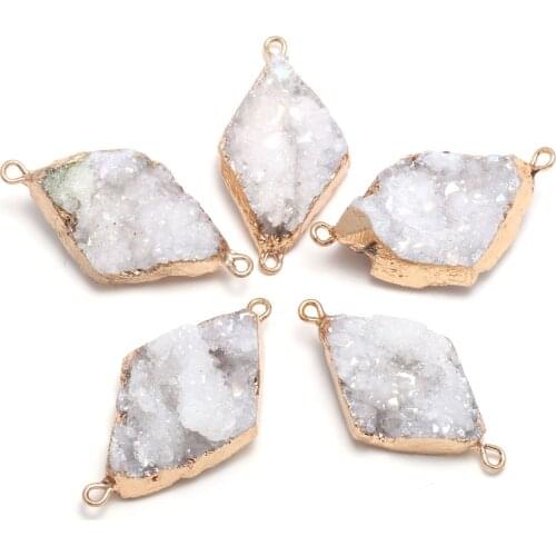 Rhombus Natural Druzy Agates Pendants Connectors Brazilian Electroplated White Agates Connectors Best Gift Size 22x40mm