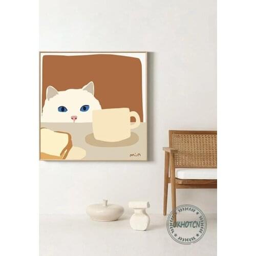 Simple Nordic Korean Illustration Canvas Painting Stealing Milk Bread Cat Decorative Picture Mural Poster for Children Room