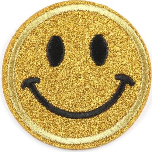 Mulitcolor Glitter Powder Big Smile Face Round Badge Embroidery Clothing Appliques Iron on Patch for Cap T-shirt Jacket