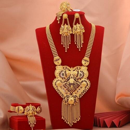 Luxury 24K Dubai Jewelry sets Gold Color African Wedding gifts bridal bracelet necklace earrings ring jewellery set for women