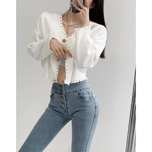 TVVOVVIN Stylish V-neck Long Sleeve Solid Color Short Screw Thread Sweater Autumn Cutting Loose Knitting Cardigan 0OTM