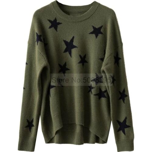 Woman 100% Cashmere Army Green Sweaters Black Stars Patchwork Round Neck Drop Shoulder Oversized Knits Jumper Tops 2021FW