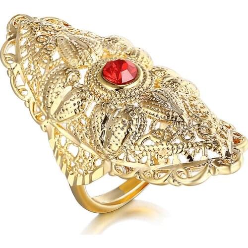 Gold Color Large Hollow Flower Ring for Women Resizable Gothic Red Crystal Rings Fashion Jewelry Gift Never Fade