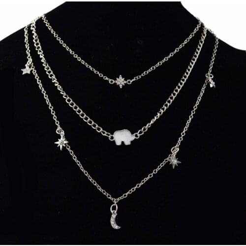 Punk Trendy Multiple Layers Crystal Moon Star Elephant Pendant Necklace Statement for Women Maxi Fashion Jewelry Accessories