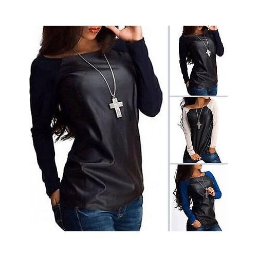 2017 Leather T-Shirt Sexy Women Long Sleeve Casual Patchwork Loose O-neck Black Pullover Tees Tops