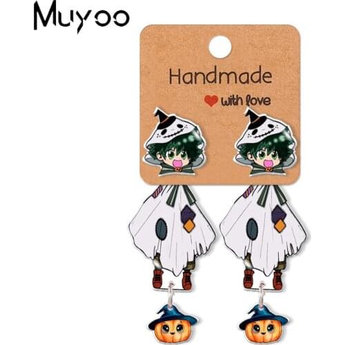 2021 New My Hero Academia Halloween Midoriya Izuku Ghost with Pumpkin Epoxy Acrylic Earrings Handcraft Stud Earrings