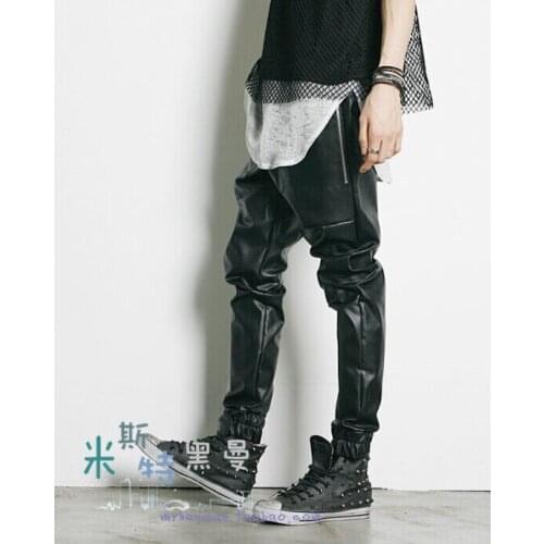 28~44! 2016 Mens clothing Mr . self-restraint PU foot pants zipper patchwork leather pants reentrant pants Singer costumes