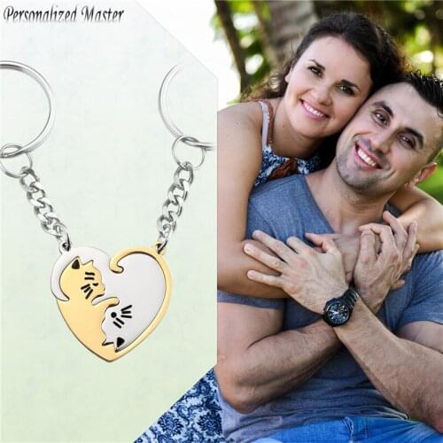 Personalized Master Cute Cats Stainless Steel Pendant Keychains Personalized Custom Name Keychain His Hers Heart Puzzle Matching