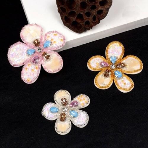 Flower 3pcs/set rhinestones bead brooch patches applique crystal fabric sew on patch fashion clothing bags decoration patch