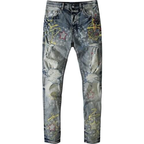 Ripped Tights Jeans Men Korean High Street Fashion Men Blue Hole Stacked Jeans Graphic Jeans Star Stitching Feet Motorcycle Pant
