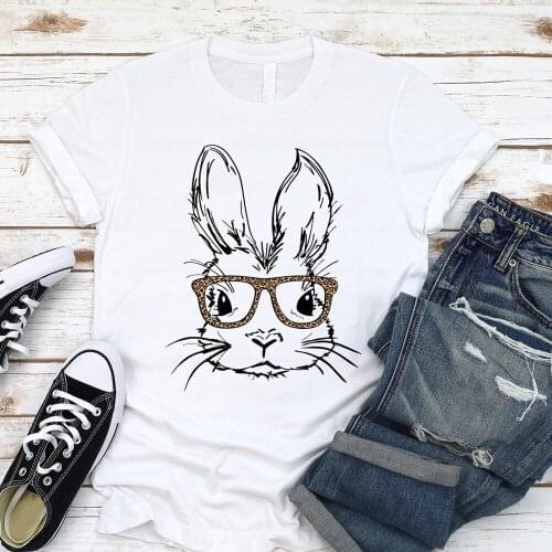Easter Bunny T Shirt Funny Bunny with Leopard Glasses Print Cotton Tees for Easter Day Gift