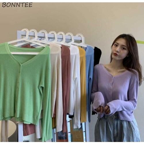 Cardigan Women Straight Spring Streetwear V-neck BF Button Simple 8 Various Colors Lovely Female Chandails Harajuku All-match