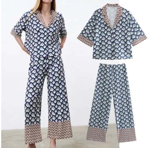 Klkxmyt Za 2021 Women Pants Suit Fashion Geometric Print Long Sleeve Shirts Woman Tops Sets High Waist Casual Wide Leg Pant Set