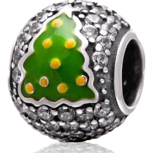 Green Enameled Christmas Tree White Zircon Pave Round Sterling Silver Beads Fit European Charm Bracelet Necklace Jewelry SZPB253