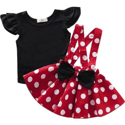 2PCS Summer Sweet Toddler Baby Girl Clothes Black Vest Top Strap Skirt Polka Dot Cartoon Outfit Set