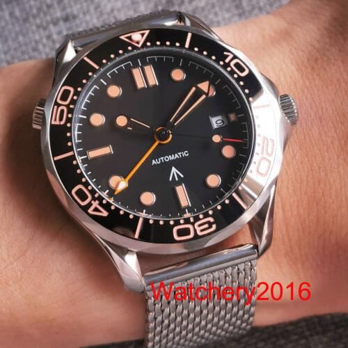 BLIGER Hand Orange Marks Mesh Steel Strap Solid Back Mechanical Men Watch GMT Screwdown Crown Flat Sapphire
