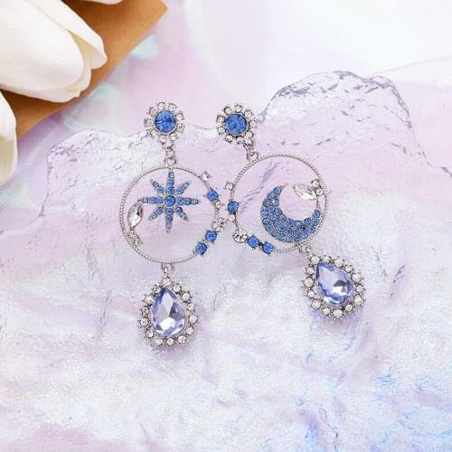 MWSONYA Fashion Shiny Korean Moon Star Bule Crystal Drop Earrings for Women Girls Waterdrop Rhinestone Tassel Dangle Jewelry