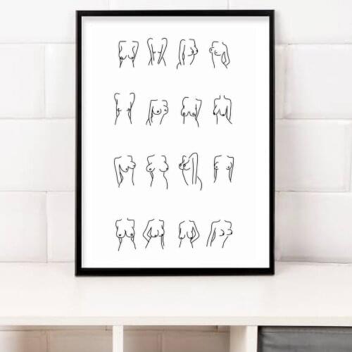 Funny Bathroom Breast Line Drawing Wall Art Canvas Painting Nordic Posters and Prints Boobies Wall Pictures for Living Room Home