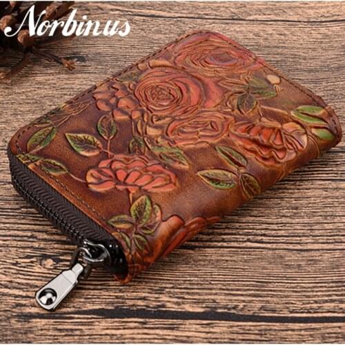 Norbinus Genuine Leather Women Wallet Female Zipper Short Wallets Embossed Credit Card Holder Organizer Small Purse Coin Pocket