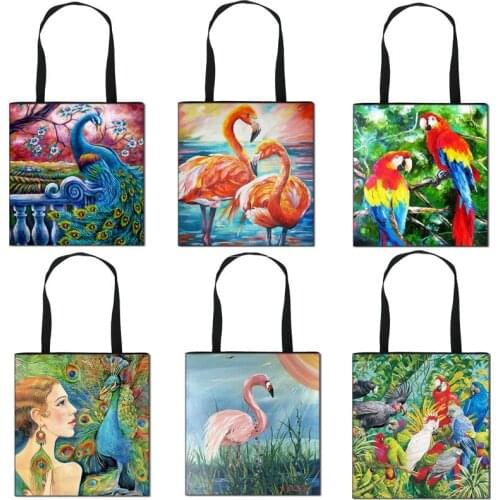 New Large Capacity Shopping Bag Cartoon Creativity Color Parrot flamingos Tote Bag for Women Storage Birds Printed Handbag