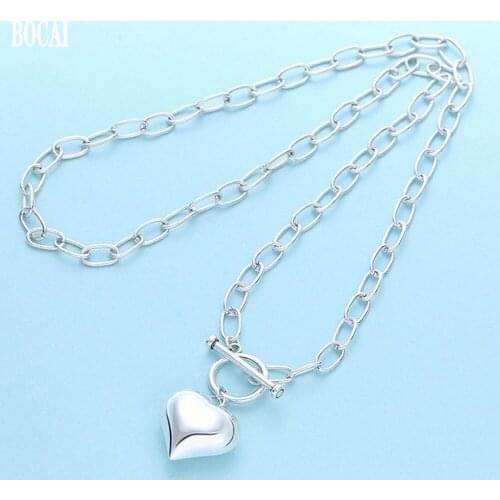 BOCAI New solid S925 PURE silver womens necklace stylish Thai silver 5MM small fresh small love pendant personality OT buckle