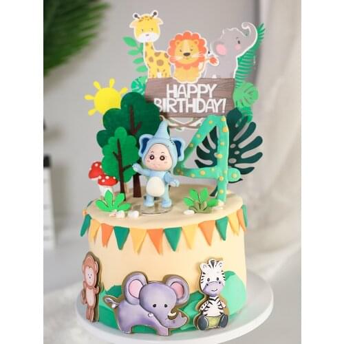 Baking Cake Topper Animals World Elephant Pajamas baby Doll Ornaments Green Leaf Elephant Lion Monkey Figures Cake Decoration