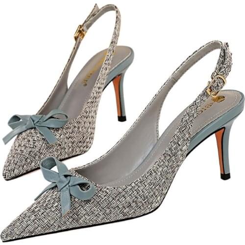 Bigtree 2021 NEW Spring/Autumn Womans Shoes PU Novelty Thin Heels Pointed Toe Pumps Sequined Cloth Solid Butterfly-Knot Buckle