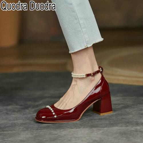 Genuine Leather new Women Pump shoes Thick High Heels Chunky solid casual Mary Janes fashion String bead buckle Big Size 37 40