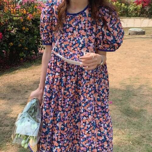 Puff Sleeve French Floral Dress Female 2021 Summer Dresses for Women Sweet Vestidos Age-reducing Loose Robe Femme New 14897