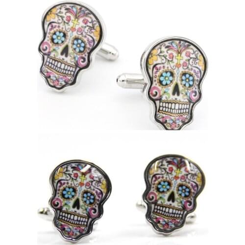 10pairs/lot Copper Enamel Skull Head Cufflinks Painting Skeleton Cuff Links Halloween Gift Mens Jewelry Accessory Wholesale