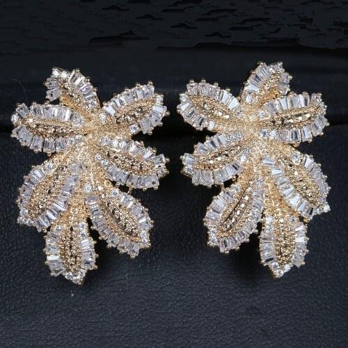 2021 Luxury Large Leaf Drop Flower Micro Cubic Zirconia Paved Naija Wedding Party Earring for Women