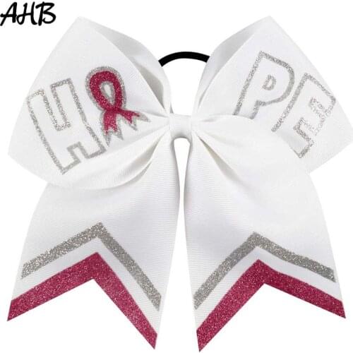 AHB Breast Cancer Awareness 7" Glitter Print Hair Bows for Girls Cheer Bows Hair Rubber Band Hair Ribbons Cheerleading Headwear