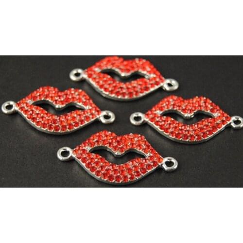 Free Shipping 200pcs Silver Tone Red Crystal Rhinestones Hot Lips Connector Bracelet Charms