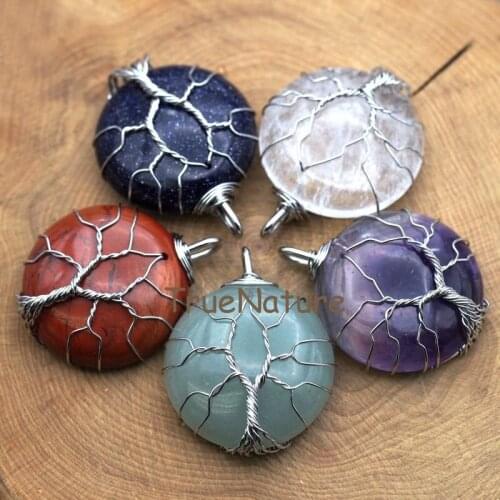 Tree Silver Finish Round Shape Pendant Natural Red Jaspers Amethysts Crystal Quartzs Stones Making In 34*43 mm PM7734