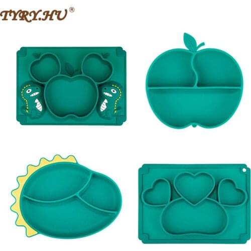 TYRY.HU Baby Silicone Plate Food Grade Non-slip Suction Feeding Tableware Learning Feeding Apple Heart Dinosaur Shaped Baby bowl
