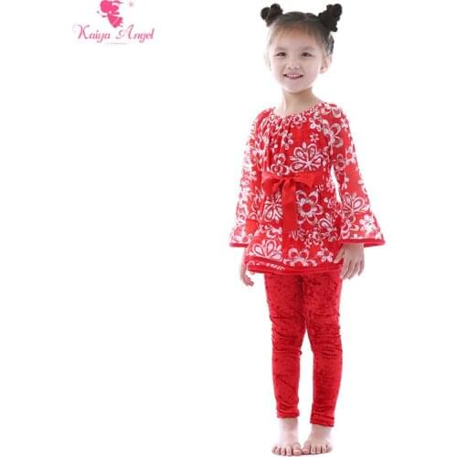 Kaiya Angel Toddler Kids Suit for Girls Red and White Lace Flowers Tops Red Diamond Velvet Trousers Kids Clothing wholesale