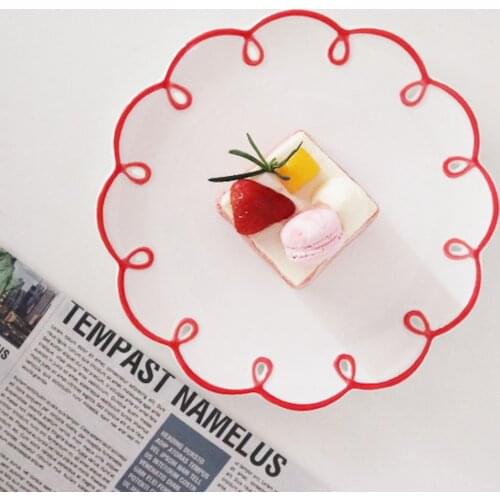 Ceramic Retro Red Edge Flower Shape Dinner Plate Simple Dessert Dish Household Fruit Plates Cake Bread Tray Kitchen Tableware