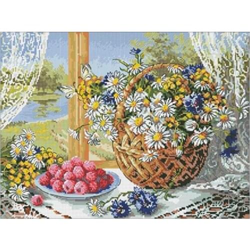 Daisy flower basket with raspberries counted 11CT 14CT 18CT DIY Cross Stitch Sets Cross-stitch Kits Embroidery Needlework