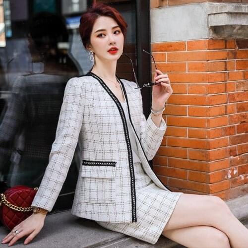 IZICFLY New Style Autumn Winter White Plaid 2 Piece Set Women Uniform Designs Skirt Suit With Blazer Business Office Work Wear