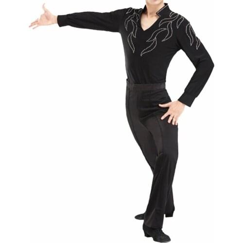 Men Latin Salsa Tango Dance Skating T-shirt Stage Show Costume Long Sleeve Stretchy Top Tee Shirt Black V-Neck Shirt 903-646