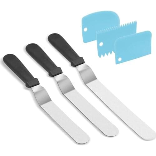 Angled Icing Spatula Set and 3 Packs Cake Scrapers Smoother, Stainless Steel Offset Spatulas Cake Frosting Spatula